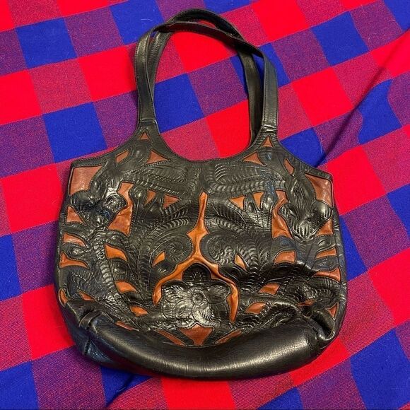 ALDO Black Brown Leather Embossed VTG Purse Handbag - Picture 2 of 14